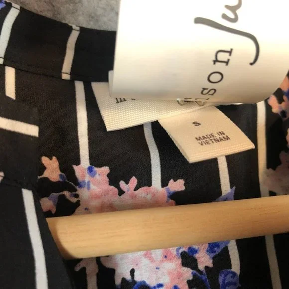 Maison Jules Dress S Striped Floral Black Shirtdress Above Knee Long Sleeve - Picture 6 of 12